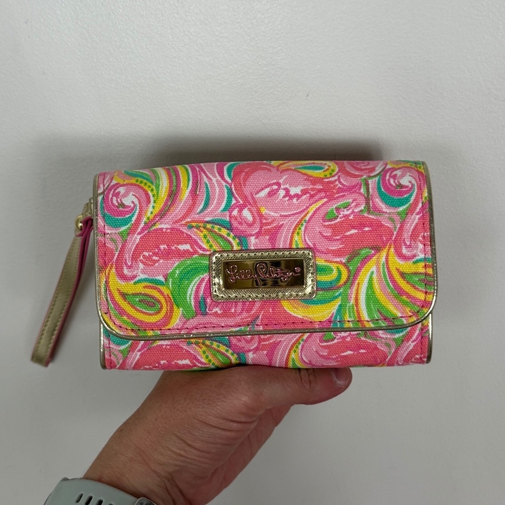 Lilly Pulitzer Women Wallet Pink Paisley Gold Trim Wristlet Money Holder Preppy
